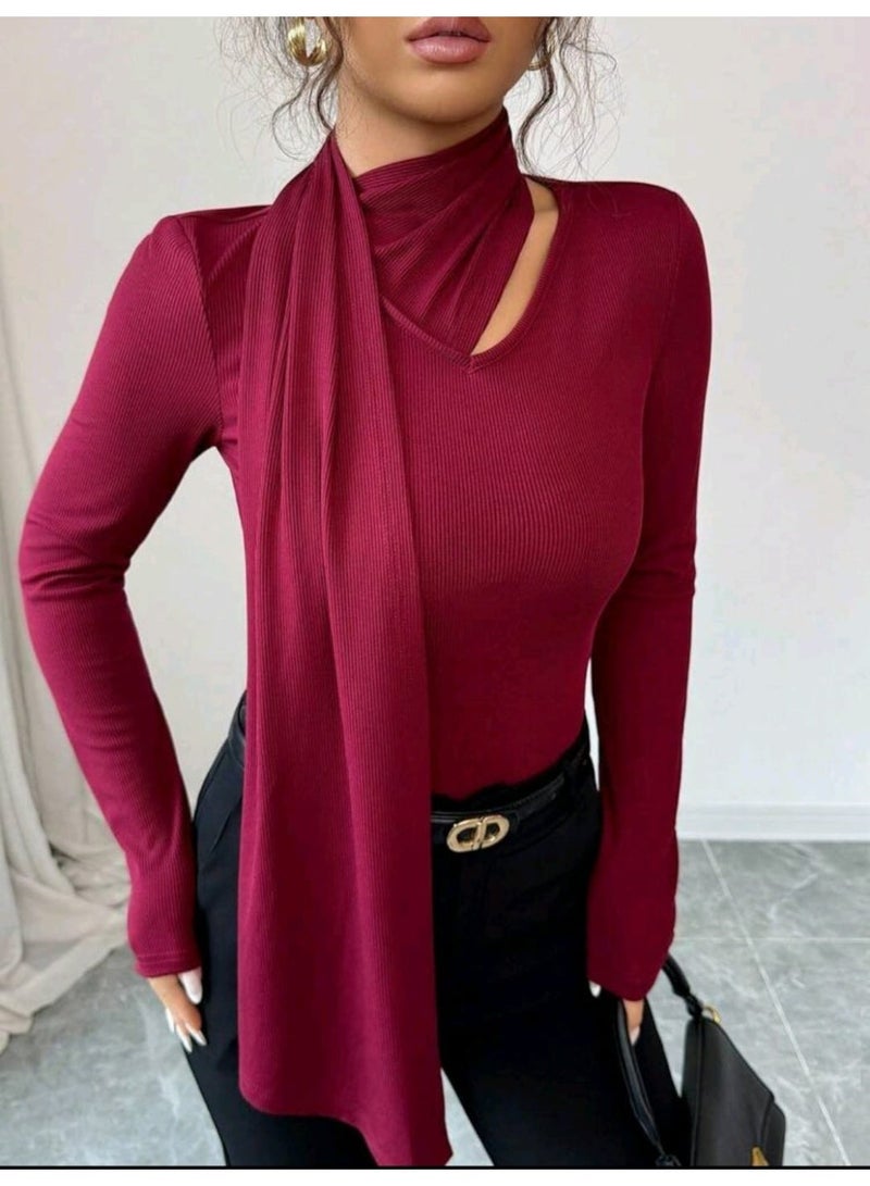 SHEIN Women's Burgundy Ribbed Texture Long Sleeve Fitted Casual BLOUSE Autumn/Winter - Image 3